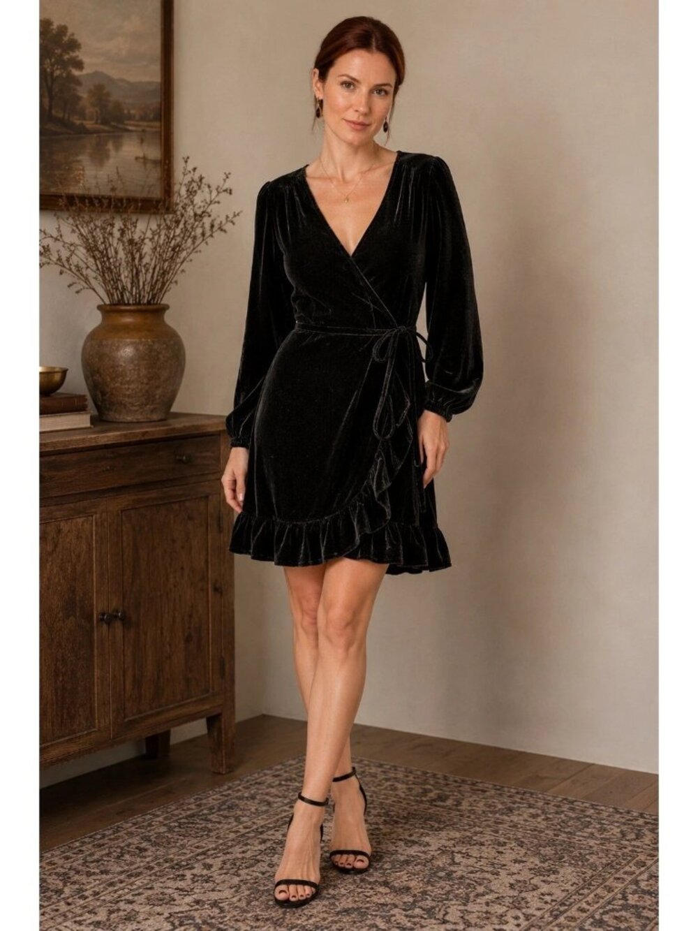 Gap Black Velvet Long Sleeve Wrap Dress Ruffle Hem M Tall NWT